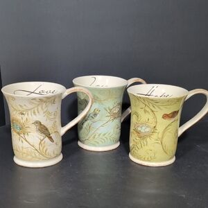 Square One,Kate Mcrosite Set Of 3 Nature's Nest Joy,Hope,Love Coffee Mugs.